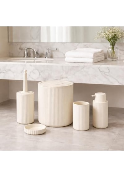 5 Li Limon Rengi Banyo Seti Çöp Kovası, Sıvı Sabunluk, Diş Fırçalık, Sabunluk Ve Wc Fırçası Modern Çizgili Şık Tasarım Diğer