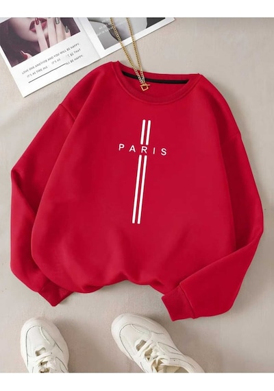 Kozia Outdoors Paris Dikey Baskılı Oversize Unisex Swaetshirt Mlk-paris2-yeni Kırmızı