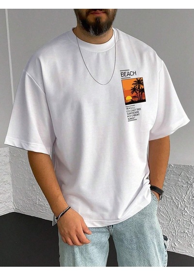 Beach Logo T-shirt - Beyaz Baskılı Oversize Bisiklet Yaka Kısa Kol Beyaz-49407 Beach Logo T-shirt - Beyaz Baskılı Oversize Bisiklet Yaka Kısa Kol Beyaz-49407