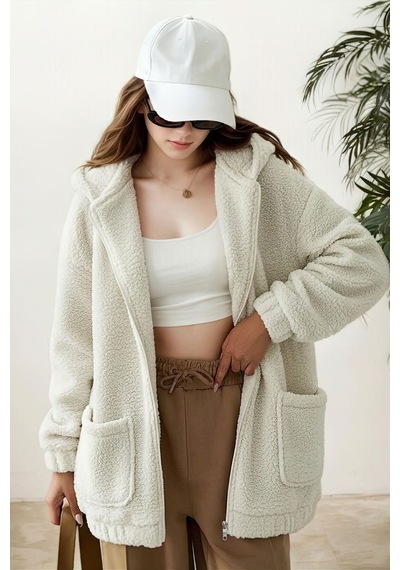 Aclassics Peluş Kuzu Kıvırcık Torba Cepli Kolej Mont Siyah Ks2526 Beyaz