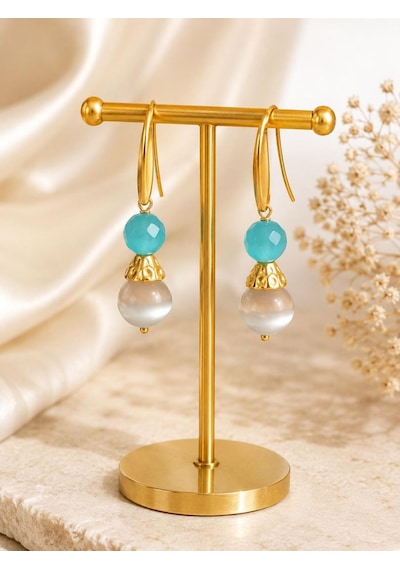 Kedigözü Taşlı Gold Çelik Sallantılı Küpe Çok Renkli