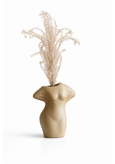 Terracotta Gövde Şekilli Dekoratif Vazo Kahverengi Toprak Modern Salon Konsol Bohem Ev Dekoru 16 Cm Açık Kahverengi