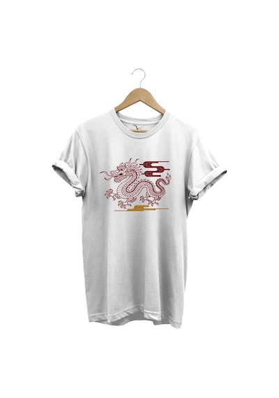 Mitolojik Asya Çin Ejderha Baskılı %100 Pamuk Regular Fit Bisiklet Yaka Beyaz T-shirt Beyaz