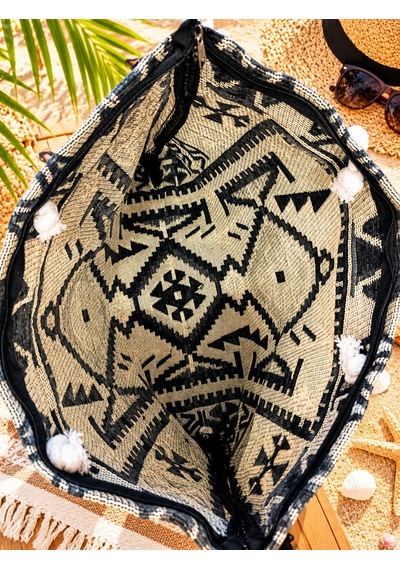 Etnik Desenli Kilim Omuz Ve Plaj Çantası 50x30 Cm Açık Gri