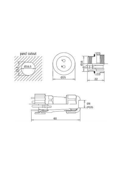 Sd16 2 Pin 16Mm Su Geçirmez Konnektör Takımı - Panel Tipi