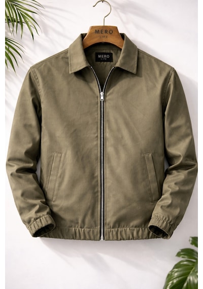 Mero Life Erkek Basic Old Money Fermuarlı Oversize Mevsimlik Polo Yaka Gabardin Kumaş Haki Ceket
