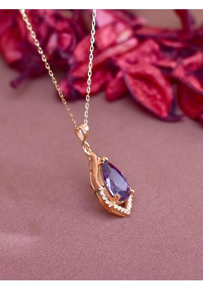 Brezza Lusso Jewelry Rose Gold Ametist Taşlı Su Damlası Kadın Gümüş Kolye 45 CM