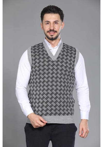 Kzc Tekstil Erkek Baba Ve Orta Yaş Desenli Akrilik Kalın Dokulu V Yaka Triko Süveter Açık Gri