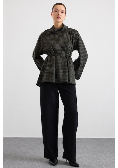 Olcay Degaje Yaka Oversize Kareli Bluz Haki 9839
