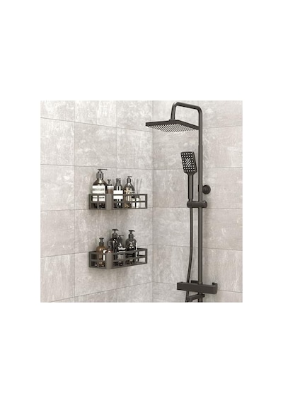 27x12 Cm Ölçülerinde Siyah Yapışkanlı Banyo Rafı Seti, Matkapsız Montaj Aahşap
