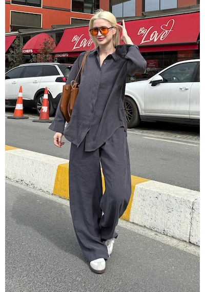 Madmext Füme Basic Kadın Gömlek Pantolon İkili Takım Mg2352 Füme