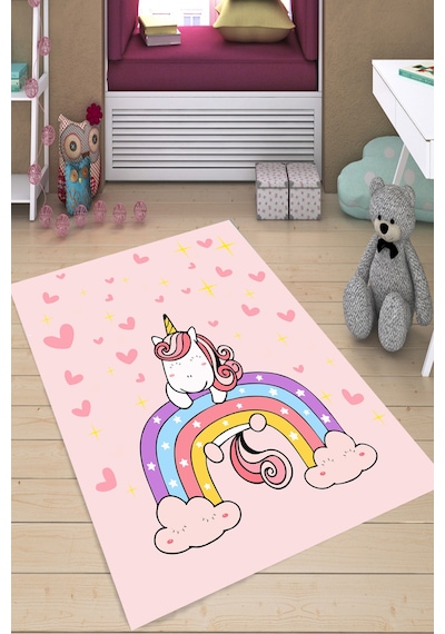 Dijital Baskılı Pembe Unicorn Desenli Dekoratif Yıkanabilir Kaymaz Taban Çocuk Halısı Çok Renkli