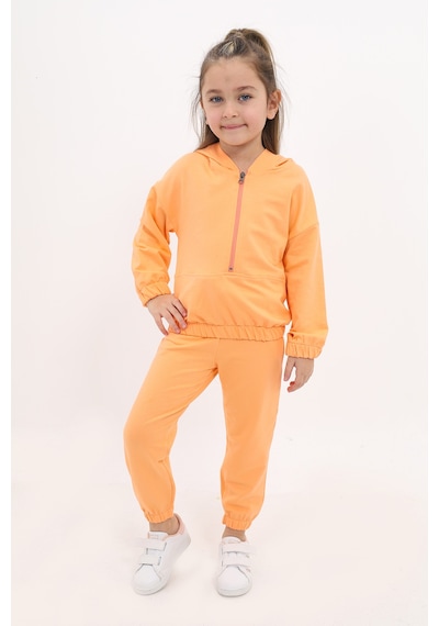Toontoy Kids Toontoy Kız Çocuk 2'li Takım Kapüşonlu Fermuarlı Sweatshirt & Beli Paçası Lastikli Jogger Eşofman Altı - 2 İplik Turuncu