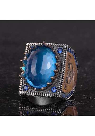 925 Ayar Gümüş İslami Yüzük, Yapay Taş Yüzük, El Yapımı Hat Yazılı Yüzük Yapay Mavi Topaz Gümüş
