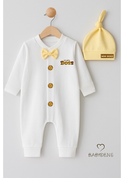 Babyden's Mini Boss Erkek Bebek Papyonlu Şapkalı Tulum Seti %100 Pamuk Hastane Çıkışı Sarı