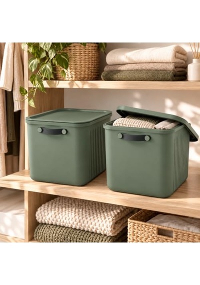 23 Lt Kapaklı 2 Adet Organizer Kutu Yan Kulplu Büyük Boy Plastik Saklama Ve Depolama Kutusu Çok Amaçlı Düzenleyici Kutu Dolap, Banyo, Ofis Ve Oyuncak Düzeni İçin 40x30x25cm Zeytin Yeşili