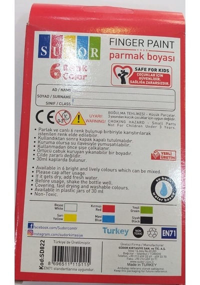 Südor Parmak Boyası Su Bazlı 30 ML 6 Renk  822
