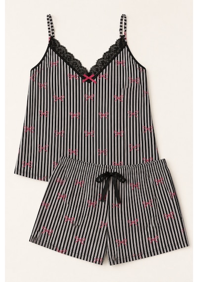 Bravie Kadın Büyük Beden İp Askılı Yakası Dantelli Çizgili Fiyonklu Yazlık Pijama Takımı Siyah