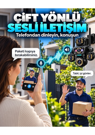 O-kam Ok-251 12mp 4 Kameralı Wifi Gece Görüş Çift Yönlü Ses Uzaktan İzleme Kişi Takibi Türkçe Akıllı Güvenlik Kamerası