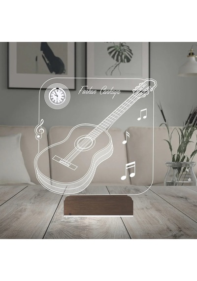 Luvivia Klasik Gitar Müzik Nota Gitarist Kişiye Özel Metal Saatli 3d Lamba - Masa Gece Lambası Şeffaf