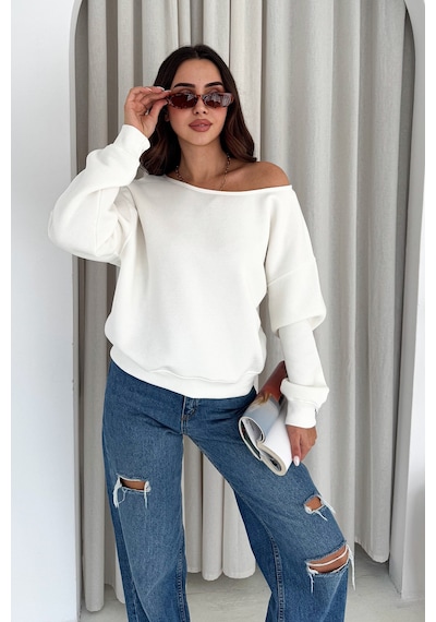 Noa & Noa Kadın Omuz Detaylı Polar Sweatshirt Rahat & Feminen Stil Beyaz