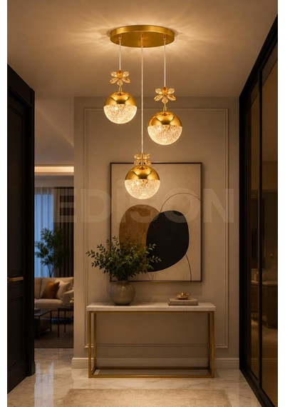 3'lü Gold Kristal Sarkıt Avize, Led Modern Salon Yemek Masası Mutfak Dekoratif Avize, 20 X 25 Cm Diğer