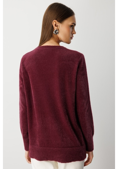 Mizalle Yuvarlak Yaka Oversize Yumuşak Dokulu Mürdüm Triko Kazak Mürdüm