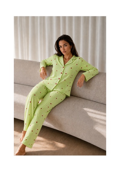 Fit Women Kadın Uzun Kollu Düğmeli Yeşil Pijama Takımı