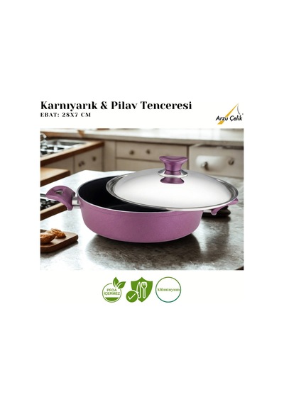 28 Cm Granit Karnıyarık & Pilav Tenceresi Çelik Kapak - Mürdüm Mürdüm