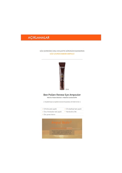 Missha Bee Pollen Eye Ampouler Arı Poleni İçeren Besleyici ve Nemlendirici Göz Çevresi Ampulü 10 ML