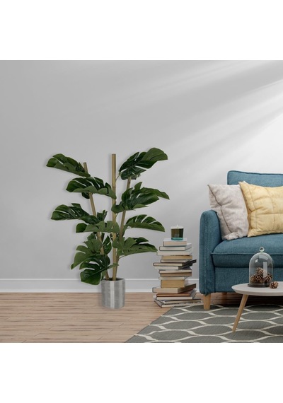 Yapay Çiçek Monstera Bambu Saplı Deve Tabanı Gümüş Saksılı Salon
