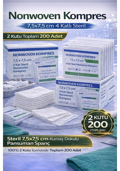 Nonwoven Kompres 7,5x7,5 Cm 4 Katlı Steril 100 Adet Kumaş Dokulu Pansuman Spanç 2 Kutu