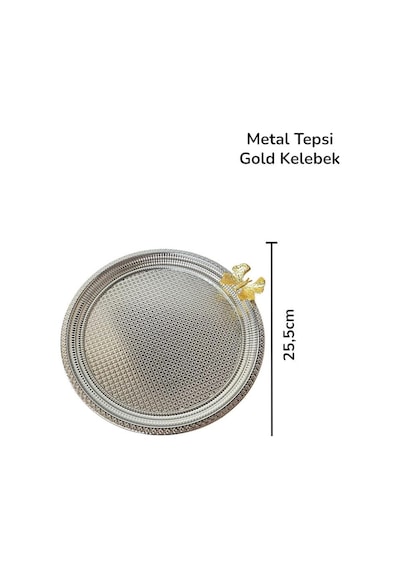 Metal Tepsi Gümüş Kelebekli Dekoratif Tepsi 25,5cm