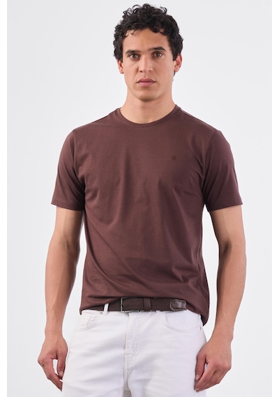 Dufy Kahve Bisiklet Yaka Pamuklu Düz Renk Slim Fit Erkek T-shirt Kahve