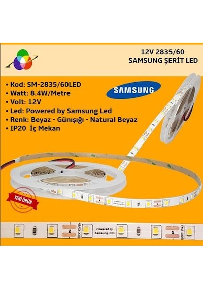 Samsung Şerit Led 12v 2835/60 Ledli Günışığı İç Mekan Ip20 5 Metre/ Paket