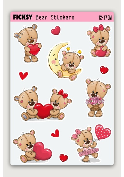 Sevimli Ayıcık Teddy Bear Sevgililer Günü Temalı Sticker Seti - 12 Adet Etiket Çıkartma Diğer