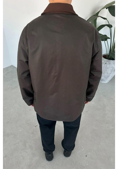 Kahverengi Waxed Çıt Çıt Cep Detay Oversize Ceket Kahverengi