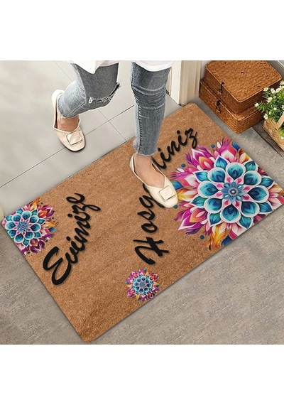 Valerine Life Mandala Mavi Çiçek Evimize Hoş Geldiniz Kapı Önü Paspası 45x70cm