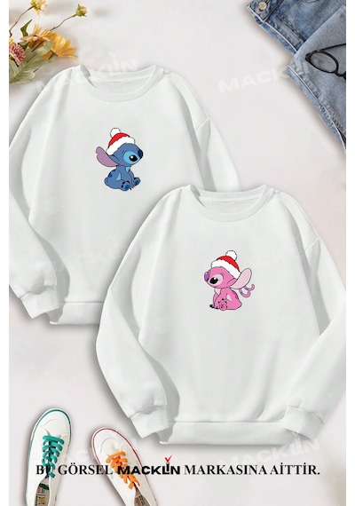 Macklin Sevgili Çift Kombin Lilo Ve Angel Baskılı Yılbaşı Konsept Bisiklet Yaka Sweatshirt 2li Set Takım Beyaz Mck1556 Beyaz