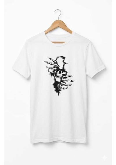 Erkek Pamuklu Rahat Kalıp Kurukafa Baskılı T-shirt Beyaz