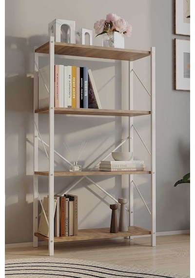 Dört Katli Çok Amaçli Rafli Kitaplik Beyaz Profil Çam Sunta 60x24x115 Cm Mtl020 Beyaz-çam