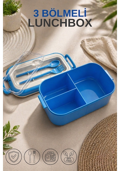 Lunchbox Kaşık & Çatal Dahil - Kilitli Kapaklı - Taşıma Saplı - 3 Bölmeli Mavi