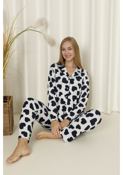 Wordex Mirano 9508 Kalpli Milan Yumuşak Kumaş Boydan Düğmeli Kadın Pijama Takımı Beyaz-lacivert Wordex Mirano 9508 Kalpli Milan Yumuşak Kumaş Boydan Düğmeli Kadın Pijama Takımı Beyaz-lacivert