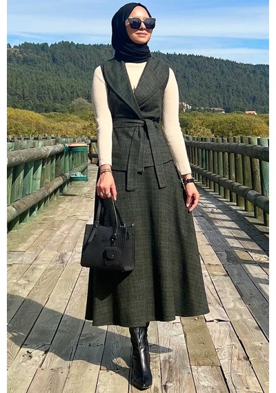 Rabia Şamlı Azize Etek Yelek Takım Haki Normal
