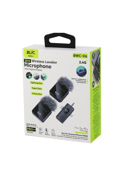3in1 Kablosuz İkili Yaka Mikrofon Tüylü Dijital Ekran Lightning - Type-c - 3.5mm Giriş 5.0v / 1a Bwm-06 4604