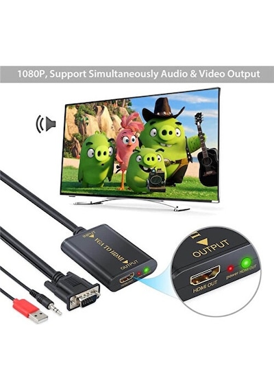 Vga To Hdmi Kablo Dönüştürücü 4443A Laptop Pc Görüntü ve Ses Çevirici