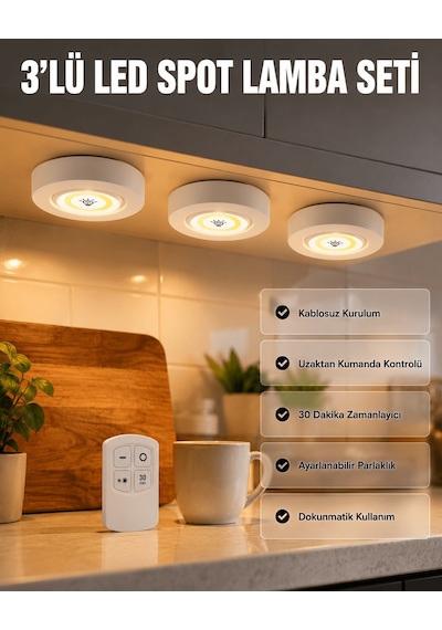 Kablosuz 3 Lü Spot Led Lamba Seti Uzaktan Kumandalı Enerji Tasarruflu Aydınlatma - 5000