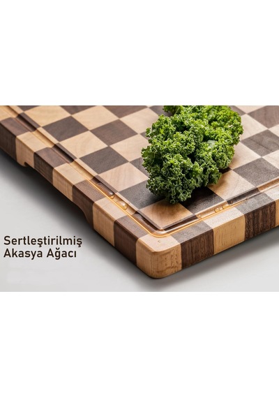 Valkyrie Doğal Akasya Ahşap Kesme Tahtası 43x33 Cm Kaydırmaz Tabanlı, Profesyonel Servis & Sunum Tahtası