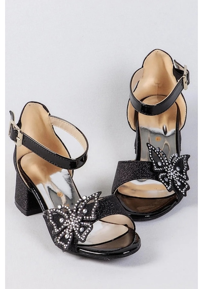 Nese Shoes Kelebekli Kız Çocuk Topuklu Ayakkabı, Simli, Şık, Yeni Sezon, Abiye Ayakkabı Siyah