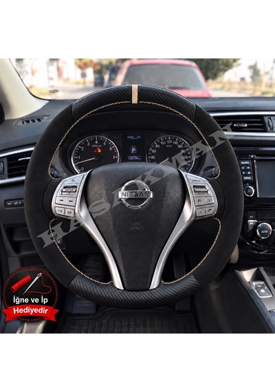 Nissan Qashqai Dikme Direksiyon Kılıfı Alcantara Süet Mat Karbon Bej Yüzük Ve Dikiş 2013-2017